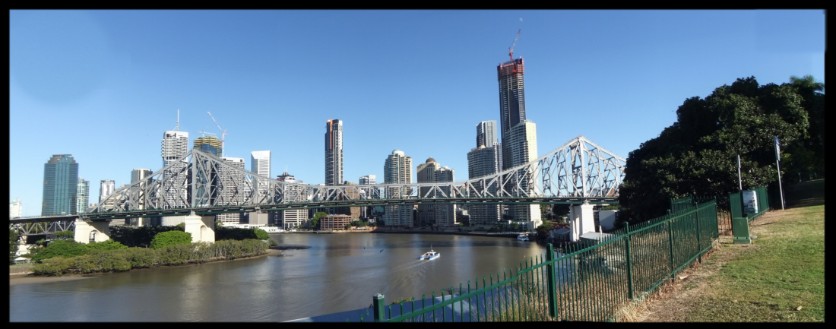 Photostitch photo Merge panorama from tiles of Brisbane River City Downtown and Story Bridge Qld